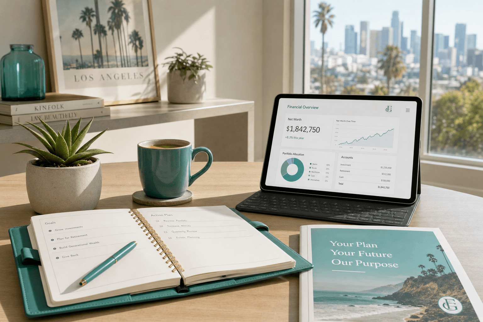Warm lifestyle workspace image for financial consulting — planner, coffee, succulent, tablet